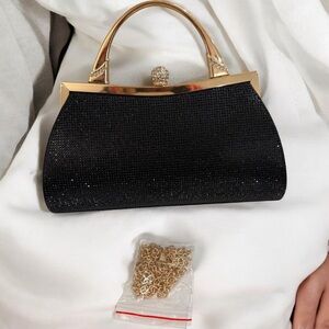 Black Rhinestone Evening Clutch Purse Gold Frame Handle Chain Strap